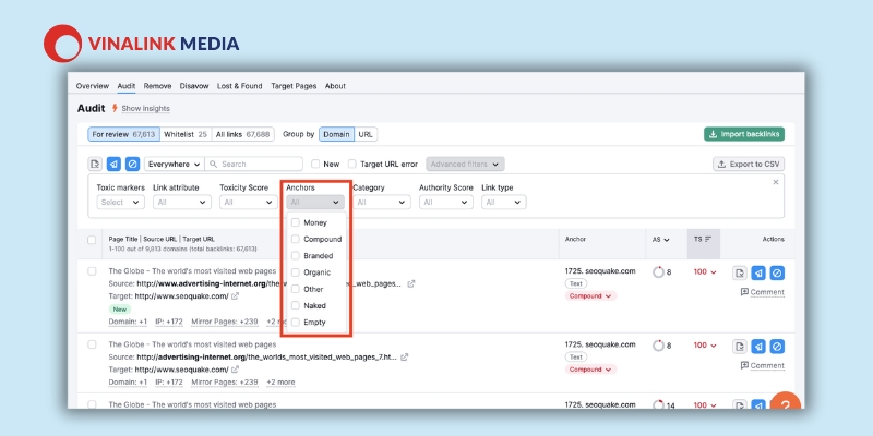 Giao diện công cụ kiểm tra Anchor Text của SEMrush